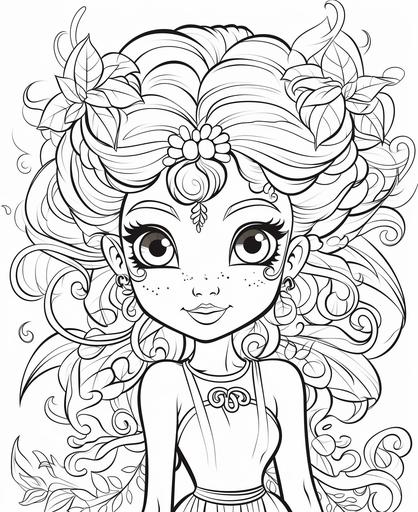 coloring page for kids, young adorable african american fairy with large eyes and dread locks, cartoon style, thick lines, low detail, no shading, --ar 9:11