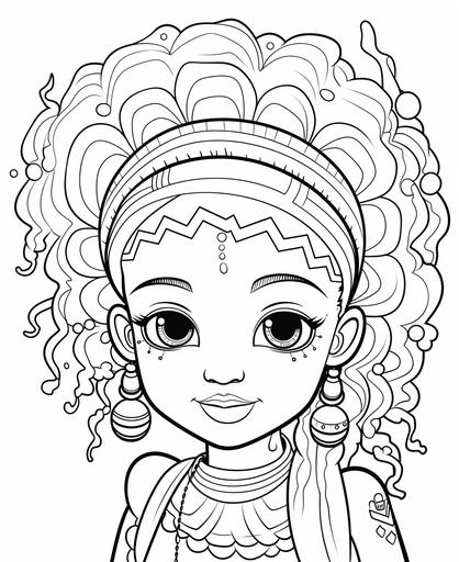 coloring page for kids, young adorable african american fairy with large eyes and dread locks, cartoon style, thick lines, low detail, no shading, --ar 9:11