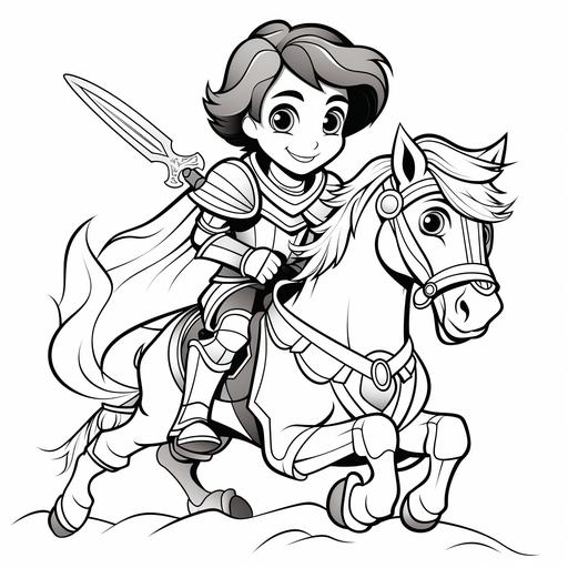 coloring page for kids, young boy with dark wavy hair, in a knights armor and sword, on a horse that has funny character traits and smiling, cartoon style, thick lines, no shadows,