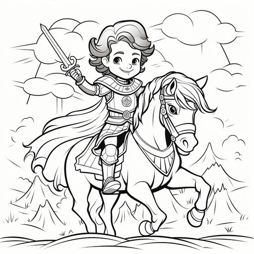 coloring page for kids, young boy with dark wavy hair, in a knights armor and sword, on a horse that has funny character traits and smiling, cartoon style, thick lines, no shadows,