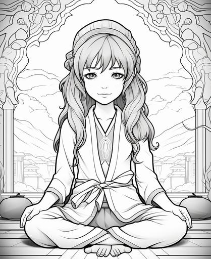 coloring page for kids, young female manga character meditates, cartoon style, thick lines, low detail, no shading --ar 9:11