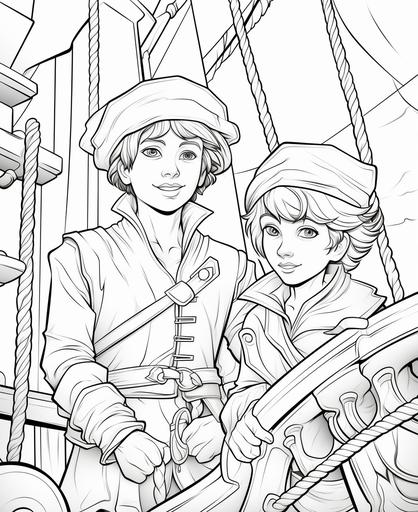 coloring page for kids, young pirates on the bow of a pirate ship, cartoon style, thick lines, low detail, no shading, --ar 9:11