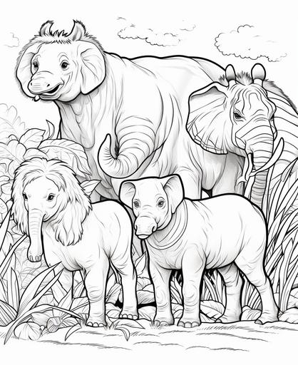 coloring page for kids, zoo , cute animals, cartoon style, thick lines, low detail, no shading --ar 9:11