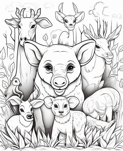 coloring page for kids, zoo , cute animals, cartoon style, thick lines, low detail, no shading --ar 9:11