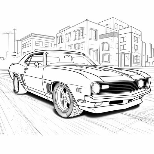 coloring page for kids. muscle Cars. cartoon style. thick lines. black & White.low detail.no shading--ar9:11