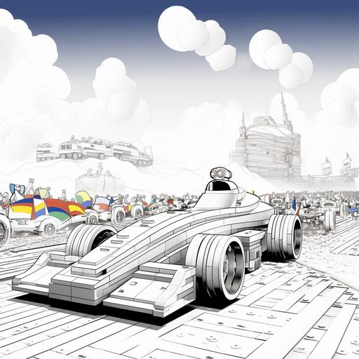 coloring page for kids. racecar made of legos on a track with a large crowd. clear sky with ranbow. Black and white line drawing