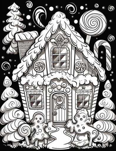 coloring page for kids,Decorate a gingerbread house with colorful candies, cartoon style, thick lines, low details, black & white, no shading, --ar 85:110