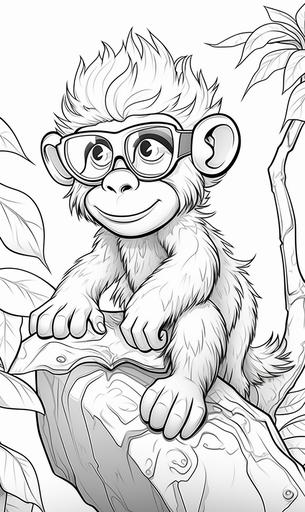 coloring page for kids,a baby monkey wearing sunglasses sittin on a tree, cartoon style, low detail, no shading, no pattern, clear, --ar 3:5 --v 5.2