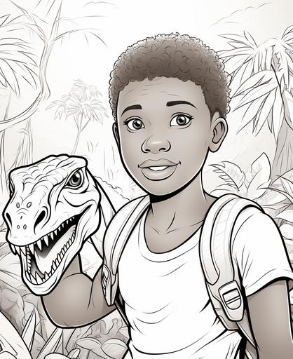 coloring page for kids,african american teenage boy in jungle with dinosaur and african american mom,cartoon style,thick lines,low details,no shading --ar 9:11