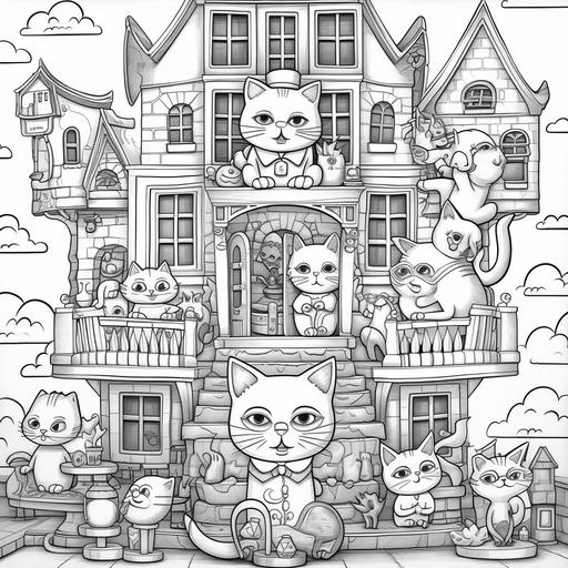 coloring page for kids,cats in a mansion, cartoon style, thick lines, low detail, no shading