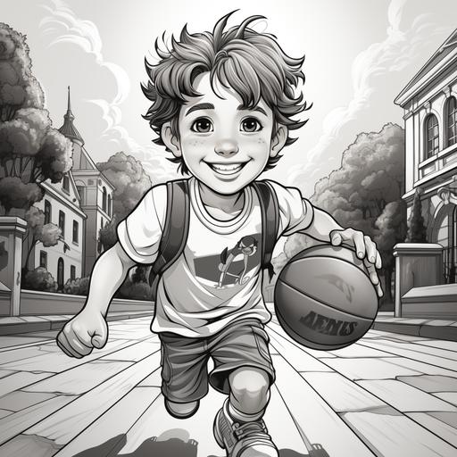 coloring page for kids,skillful little boy playing basketball on a court, cartoon style, thick lines, low detail, no shading — ar 9:11 --v 5.2 --s 750