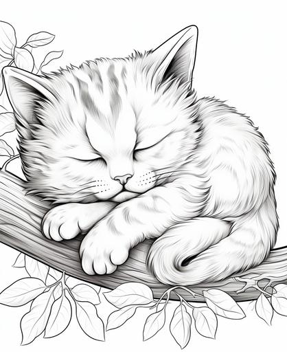 coloring page for kids,sleeping cat,cartoon style,thick lines,low detail,no shading --ar 9:11