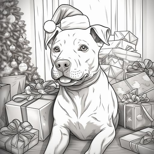 coloring page for teens, cartoon style, american pitbull wearing a Santa hat laying next to a Christmas Tree and presents in a house, thick lines, black and white, low detail, low shading,--ar9:11