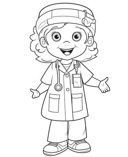 coloring page for toddlers, nurse, cartoon style, thick lines, low detail, no shading, --ar 9:11 --v 5