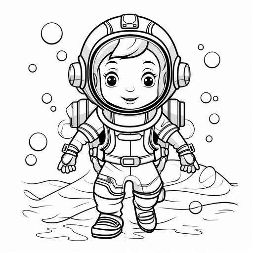 coloring page for young children, scuba diver, cartoon style, thick lines, black and white, low detail, no shading –ar 9:11