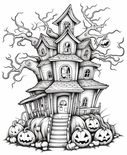 coloring page, halloween themed, cute, ghost, house, tree, spider web, cartoon styled, thick lines, low detail, black lines, white background, no shading, no gradient --ar 9:11 --v 5.1