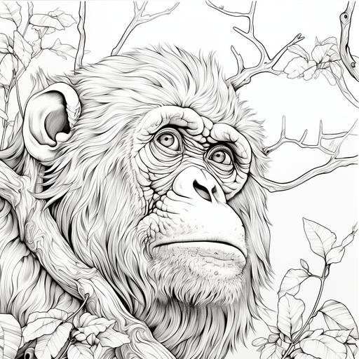 coloring page hyper realistic, black contour lanes on white page of the era of the first primates in ther inverment