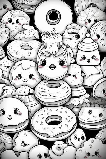 coloring page, kawaii style, cute donuts, fine line art, clean line art, --ar 2:3