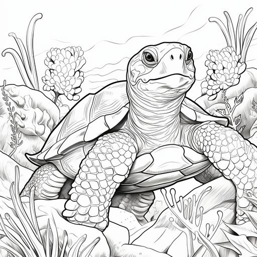 coloring page kids, tortoise, cartoon style, thick lining, low detail, no shading AR 9:11