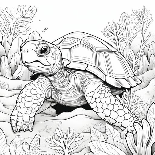 coloring page kids, tortoise, cartoon style, thick lining, low detail, no shading AR 9:11