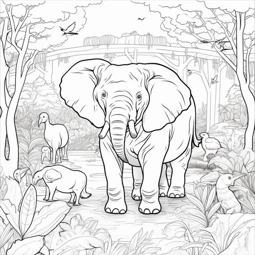 coloring page kids, zoo animals, cartoon style, thick lining, low detail, no shading AR 9:11