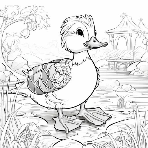 coloring page, mandarin duck, lakes, cartoon disney styles, black and white, thin lines, low detail, no shading