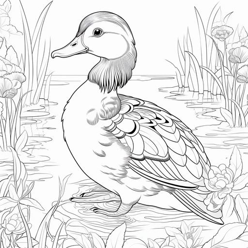 coloring page, mandarin duck, lakes, cartoon disney styles, black and white, thin lines, low detail, no shading
