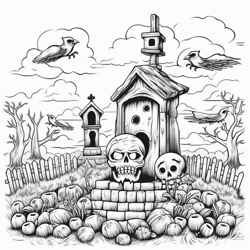 coloring page, no background, black outline only, cartoon style, no shading, thick lines . A spooky graveyard scene with tombstones of varying shapes and sizes, a skeletal hand emerging from the ground, and an owl perched on one of the gravestones.