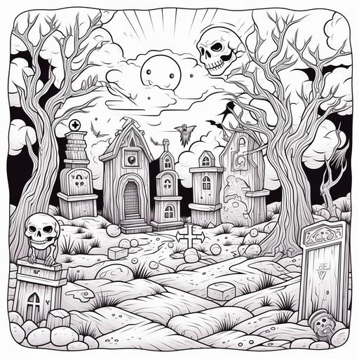 coloring page, no background, cartoon style, no shading, thick lines . A spooky graveyard scene with tombstones of varying shapes and sizes, a skeletal hand emerging from the ground, and an owl perched on one of the gravestones.
