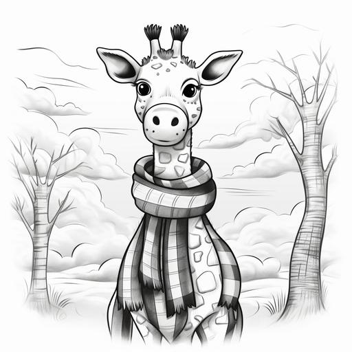 coloring page, no color, An elegant giraffe wearing a striped scarf, black and white, low detail, no shading, no color, no shadow, white background no color kids coloring book