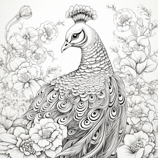 coloring page, peacock, garden, cartoon disney styles, black and white, thin lines, low detail, no shading
