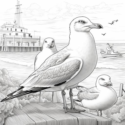 coloring page, seagulls, sea, cartoon disney styles, black and white, thin lines, low detail, no shading