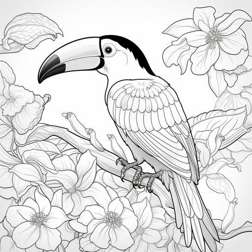 coloring page, toucan, flowers, cartoon disney styles, black and white, thin lines, low detail, no shading