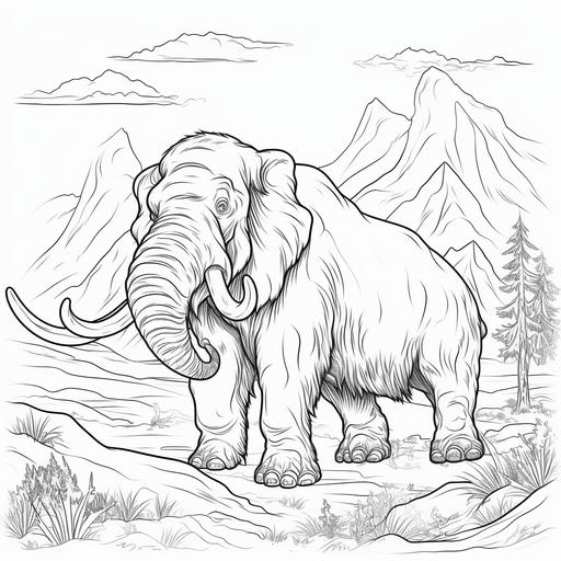 coloring page, wolly mammoth, cartoon style, thick lines, low details, no shading
