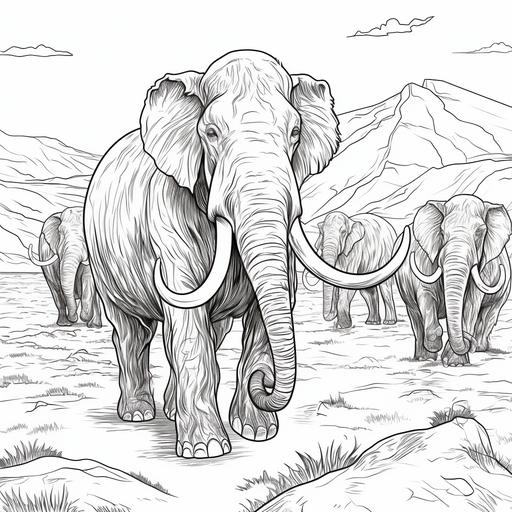 coloring page, wolly mammoth herd, cartoon style, thick lines, low details, no shading