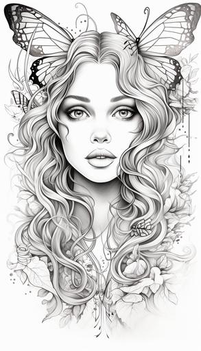 coloring pages, butterly, dragonfly, woman, cartoon, no fill, thin lines, black and white, boho style --ar 4:7