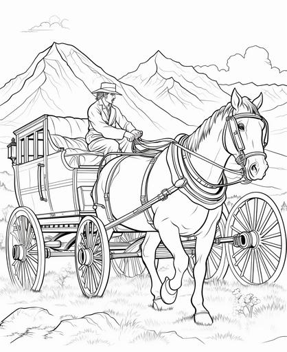coloring pages, cowboy on a stagecoach, action picture, no shading, black and white mountains --ar 9:11