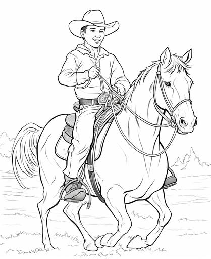 coloring pages, cowboy with rope lasso on cow, black and white --ar 9:11