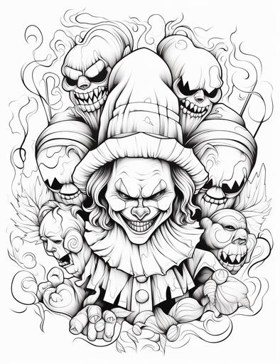 coloring pages for adults, halloween clowns, cartoon style, thick lines, low details, black and white, no shading, --ar 85:110