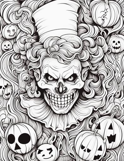 coloring pages for adults, halloween clowns, cartoon style, thick lines, low details, black and white, no shading, --ar 85:110