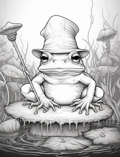 coloring pages for adults, halloween themed, a frog on a lily pad with warlock's hat, thick lines, low detail, black and white, no shading, --ar 85:110