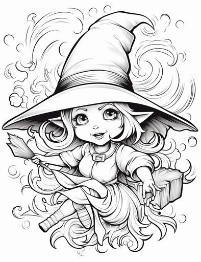 coloring pages for adults, scary witch with hat flying on broom, cartoon style, thick lines, low details,black and white, no shading, --ar 85:110