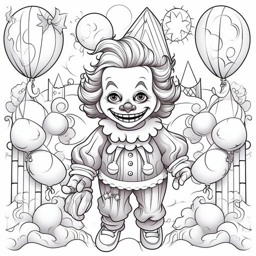 coloring pages for children, halloween carnival with clowns, cartoon style, thick lines, low detail, black and white, no shading, ar 85:110