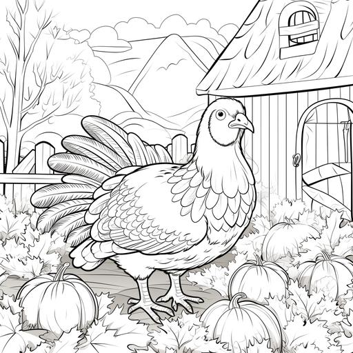 coloring pages for kids, Thanksgiving Turkey in Farm, cartoon style, low detail, no shadow, black and white only ar 9:11