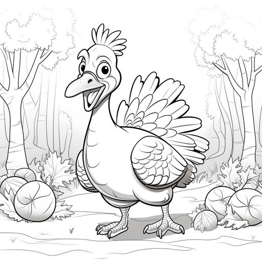 coloring pages for kids, Thanksgiving Turkey in Farm, cartoon style, low detail, no shadow, black and white only ar 9:11