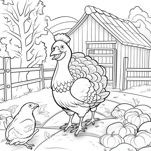 coloring pages for kids, Thanksgiving Turkey in Farm, cartoon style, low detail, no shadow ar 9:11