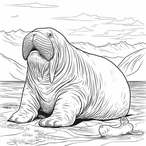 coloring pages for kids, Walrus, cartoon style, thick lines, low detail, black and white, no shading,--ar 9:11