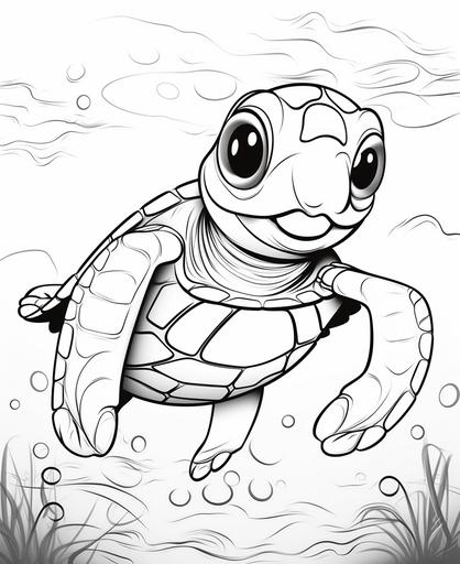 coloring pages for kids, a cute baby swimming turtle, from the side, cartoon style, thick line, low detail --ar 9:11