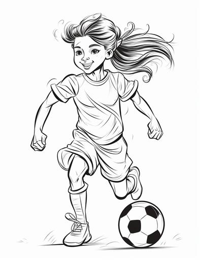 coloring pages for kids, a happy girl in in full soccer clothes kicking a soccer ball, cartoon style, thick lines, low detail, black and white, no shading, --ar 85:110