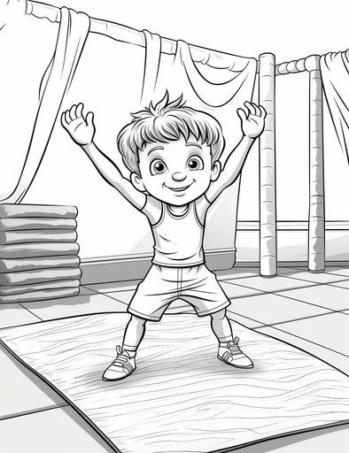 coloring pages for kids, a happy gymnast in a gymnast outfit doing gymnastics on a gym mat in a indoor gym, cartoon style, thick lines, low details, black and white, no shading --ar 85:110